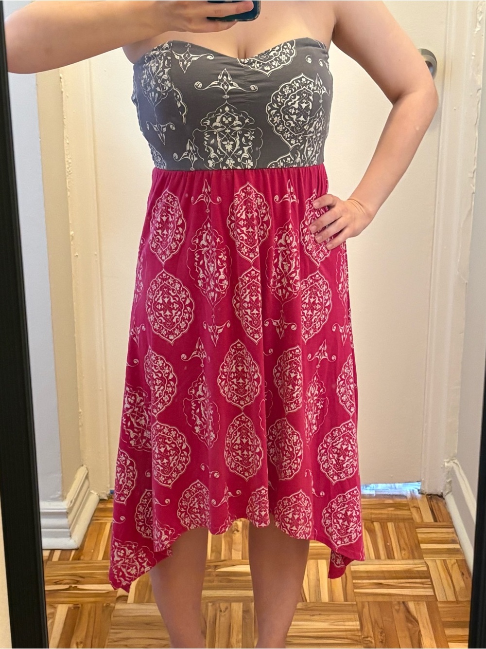 Strapless Two-Tone Printed Midi Sundress - Pink & Gray